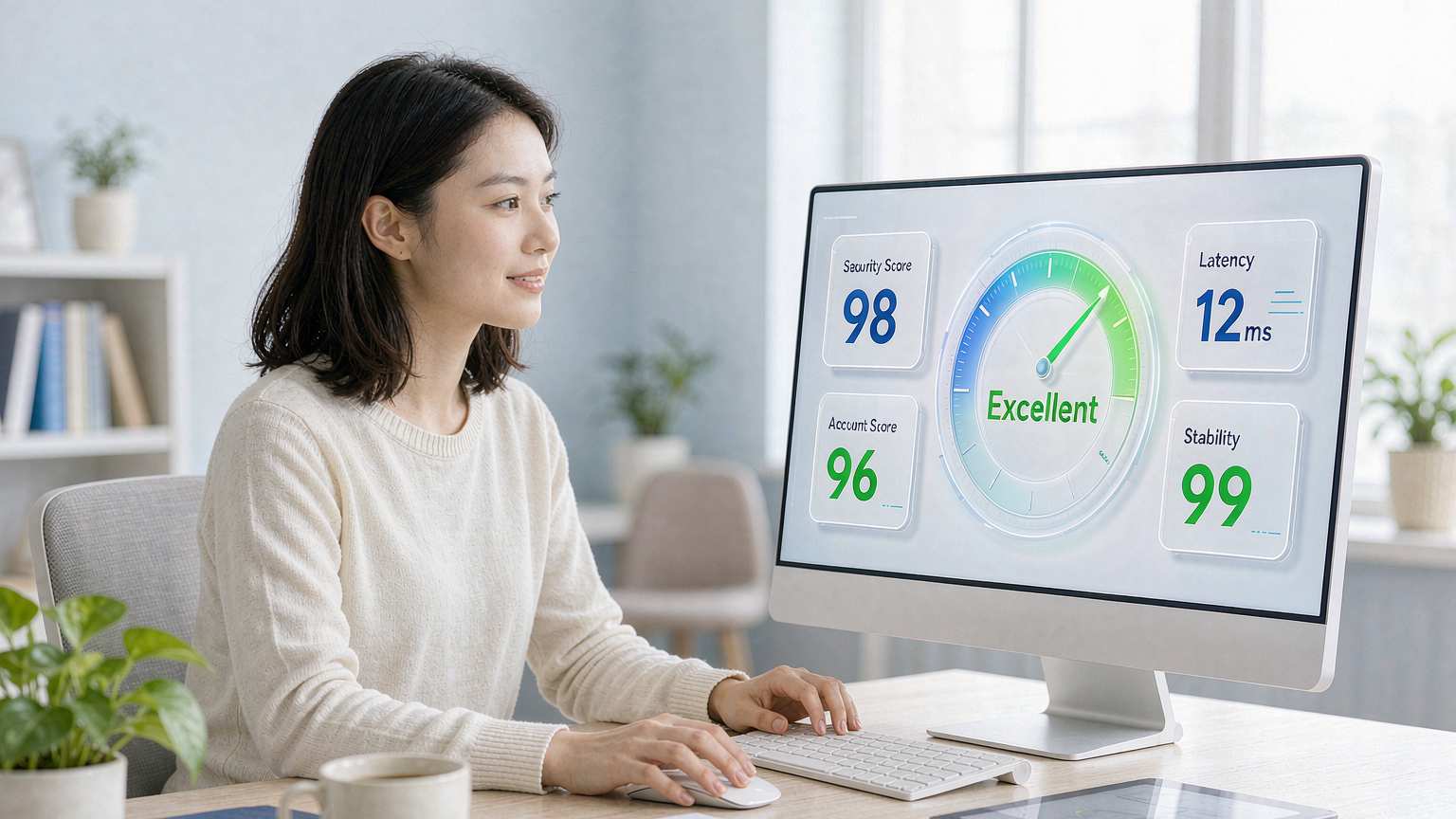 A network environment check report: safety score, latency, account metrics, and a high dashboard rating — all four acceptance parameters of the dedicated IP pass