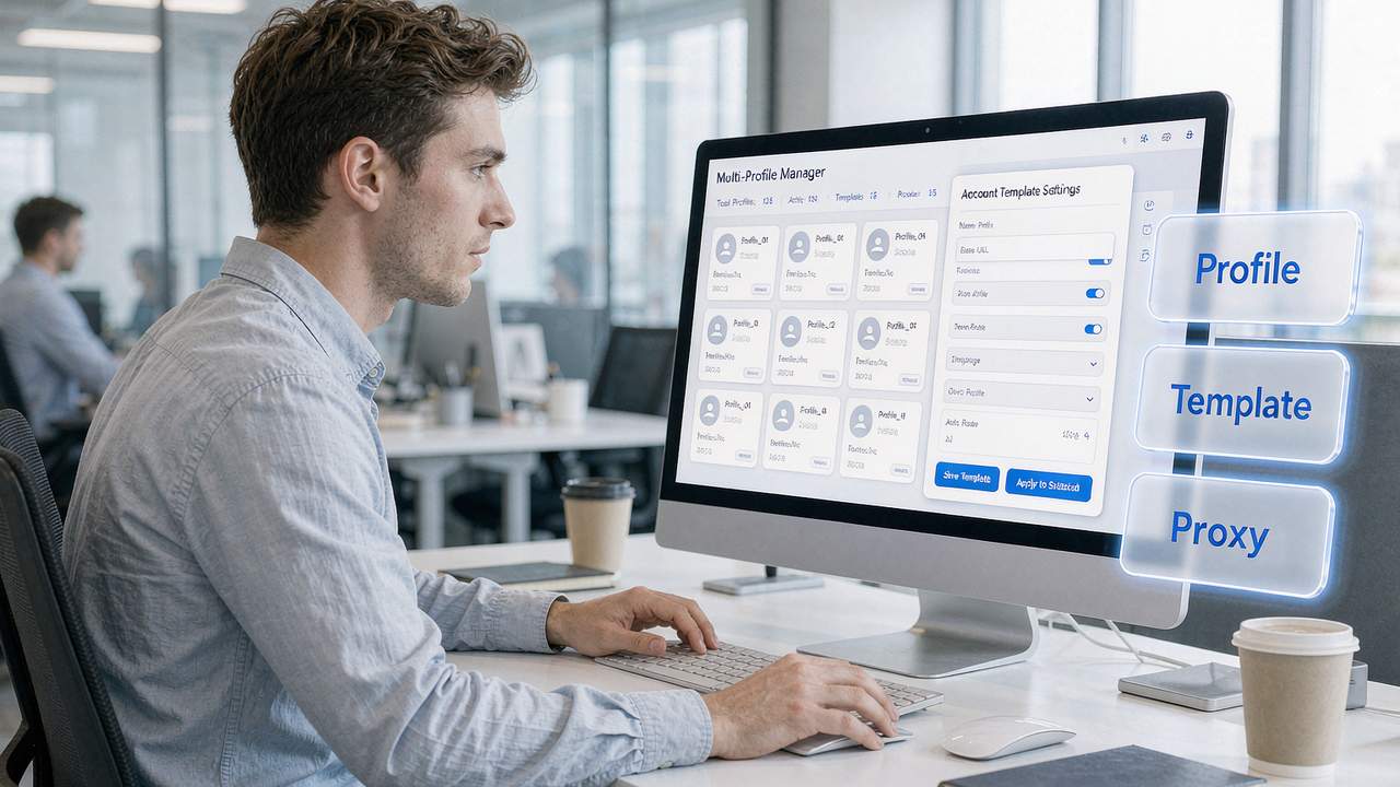 Media buyer bulk-managing dozens of Facebook account Profiles, with Profile, Template and Proxy configured for each account