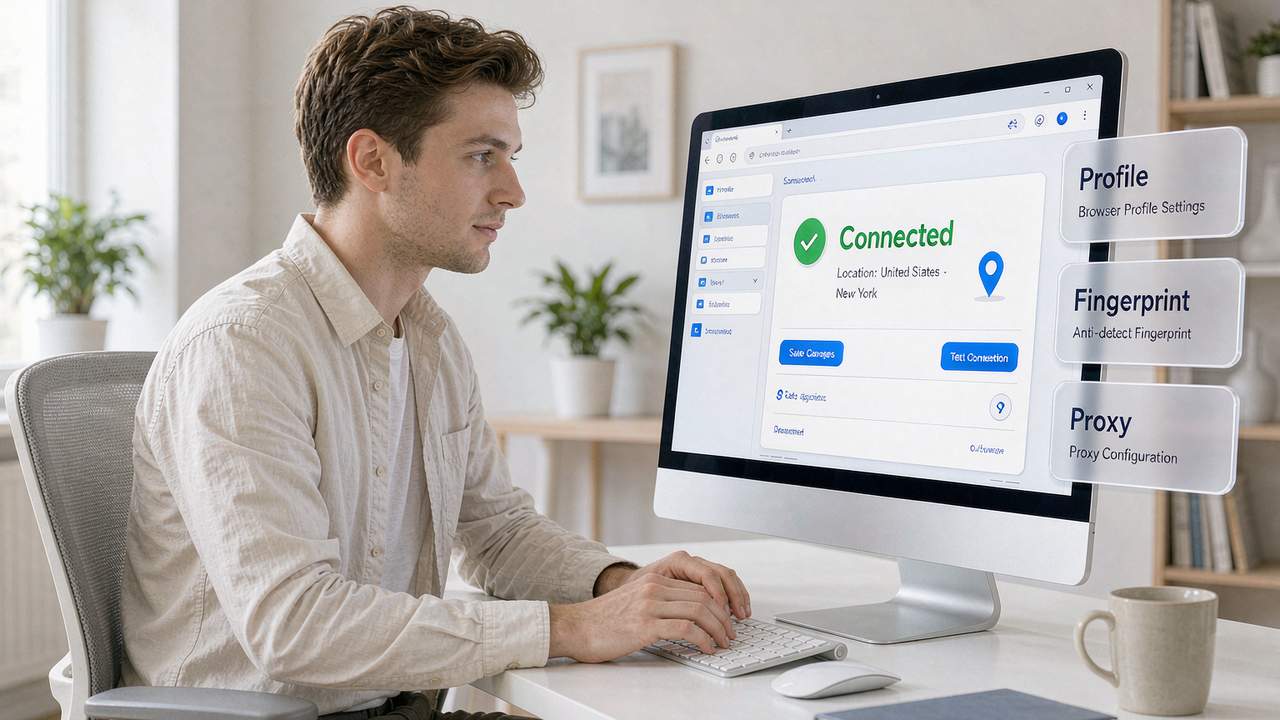 E-commerce operator configuring a proxy inside an anti-detect browser and reading the connection test result: Profile, Fingerprint and Proxy all aligned