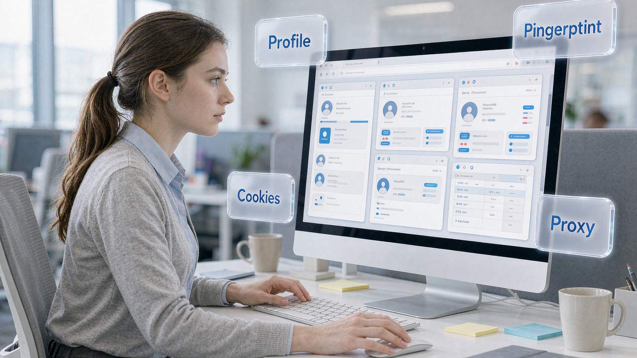 A social media operator managing multiple account environments at once through a fingerprint browser, with Profile, Fingerprint, Cookies, and Proxy kept fully separate