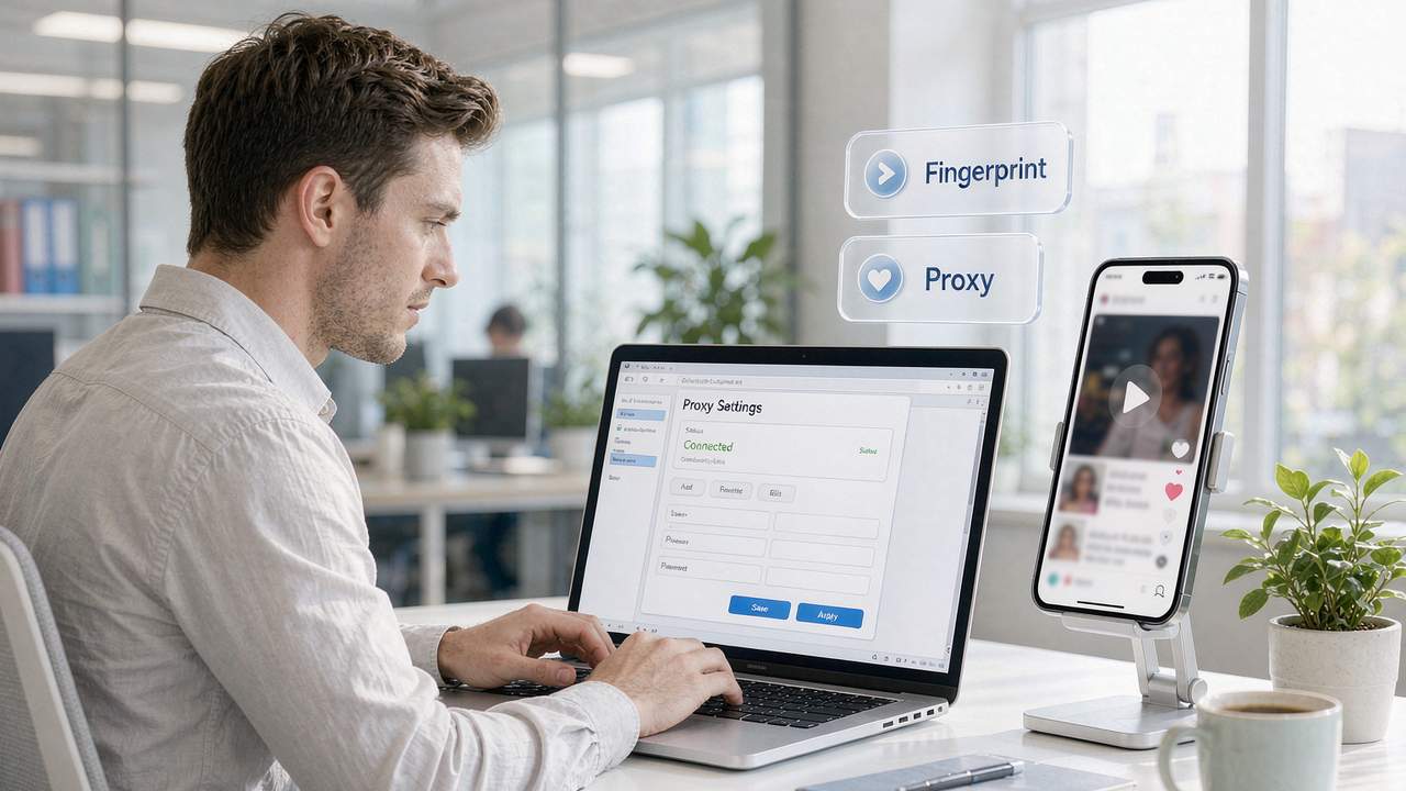 A TikTok operator in a bright office configuring a proxy and testing connectivity: the screen shows a connected status, with Fingerprint and Proxy both in place