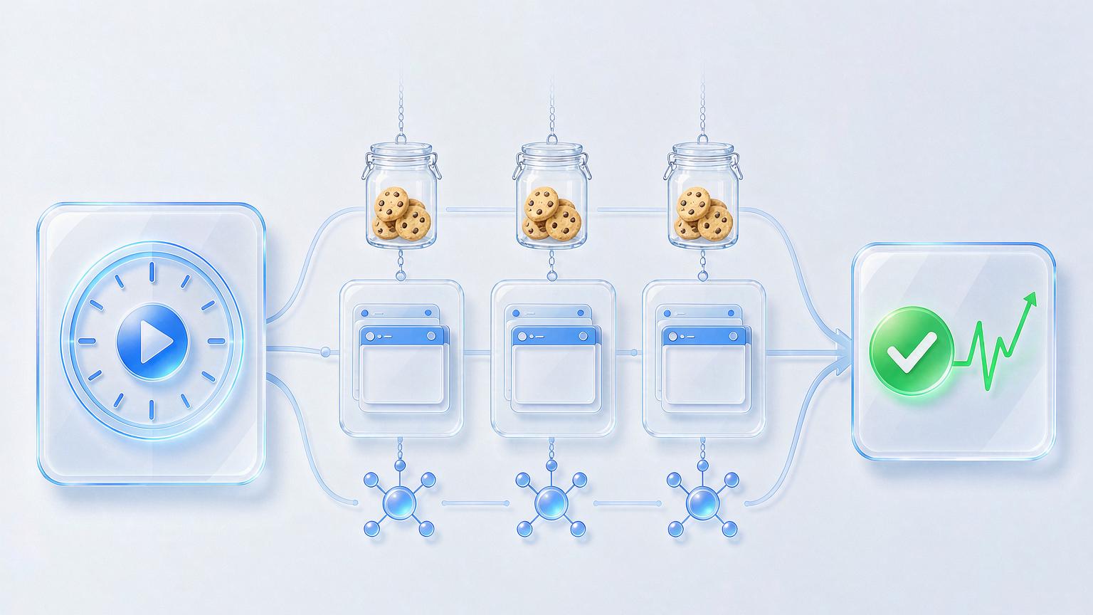 Scheduled warmup tasks dispatched to three isolated browser environments: each environment has its own independent Cookie jar and dedicated IP, keeping accounts active and healthy