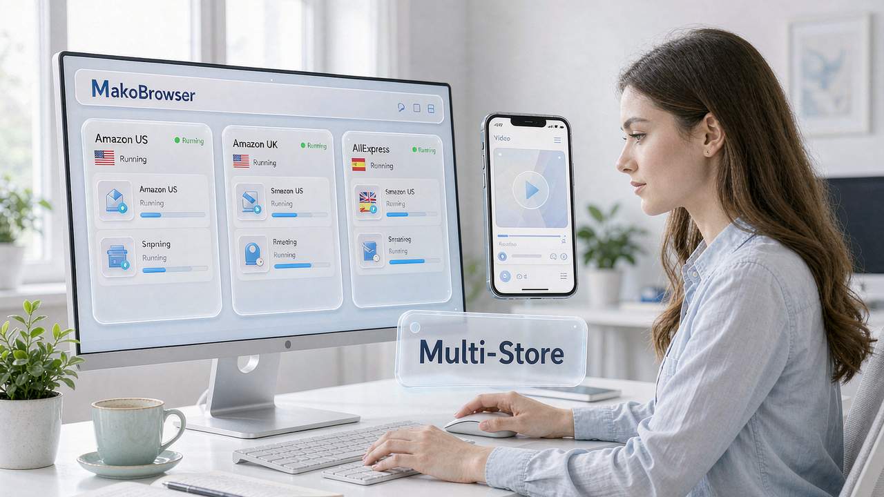 Female operator managing a multi-store environment matrix in a bright office: three columns of independent environment cards running, with the Multi-Store tab highlighting multi-store management