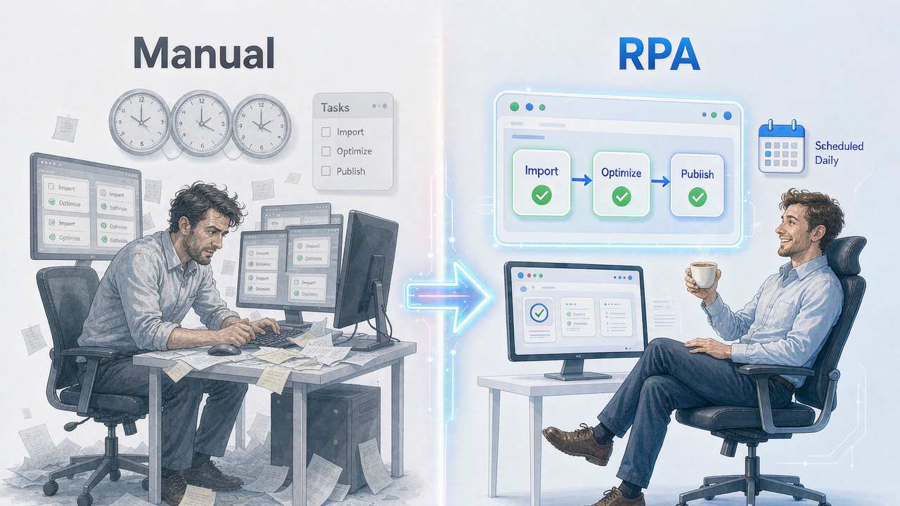 Comparison of manual repetitive workflow versus RPA automation: on the left, manually repeating Import, Optimize and Publish every day; on the right, the system executing everything automatically on schedule