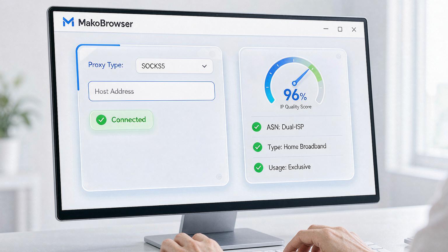 Proxy configuration and IP quality check screen: on the left the SOCKS5 proxy shows connected, on the right an IP Quality Score of 96, with dual-ISP ASN, home broadband type and exclusive use all passing