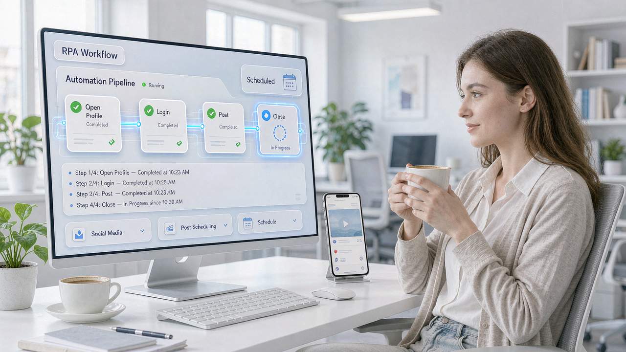 An operations specialist relaxes with coffee while the screen executes tasks automatically: an RPA workflow pipeline showing Open Profile, Login, and Post completed, Close running, with a Scheduled trigger noted in the corner