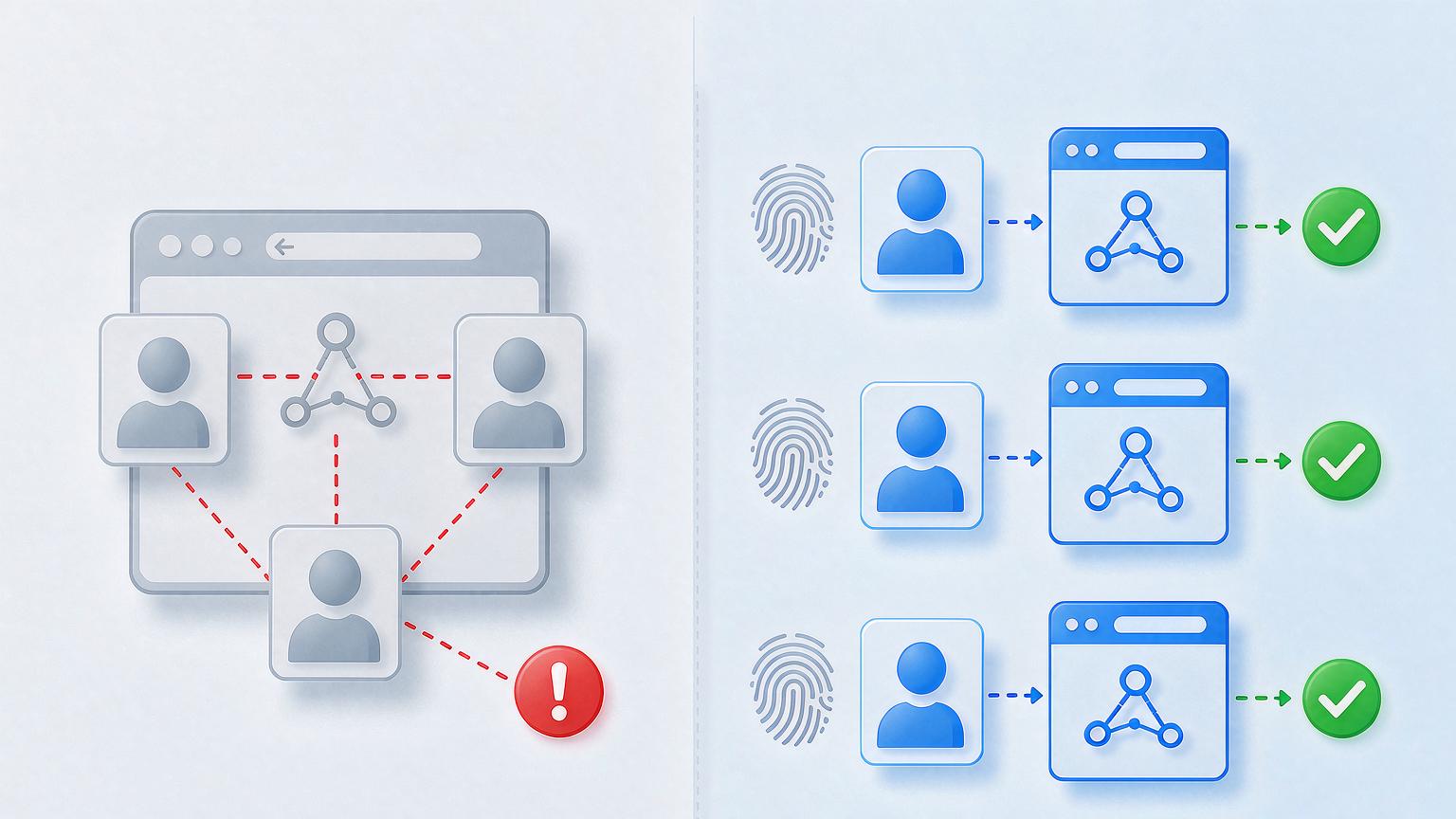 Three accounts crammed into a shared browser and network on the left, chained by a red warning line; on the right each account has its own fingerprint, its own window and its own network node, each passing verification