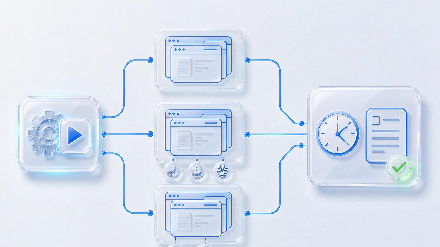An RPA distributed execution chain: one automation script on the left is dispatched to three isolated browser environments, each with its own fingerprint, Cookies, and IP, converging into scheduled execution and log auditing with validation passed