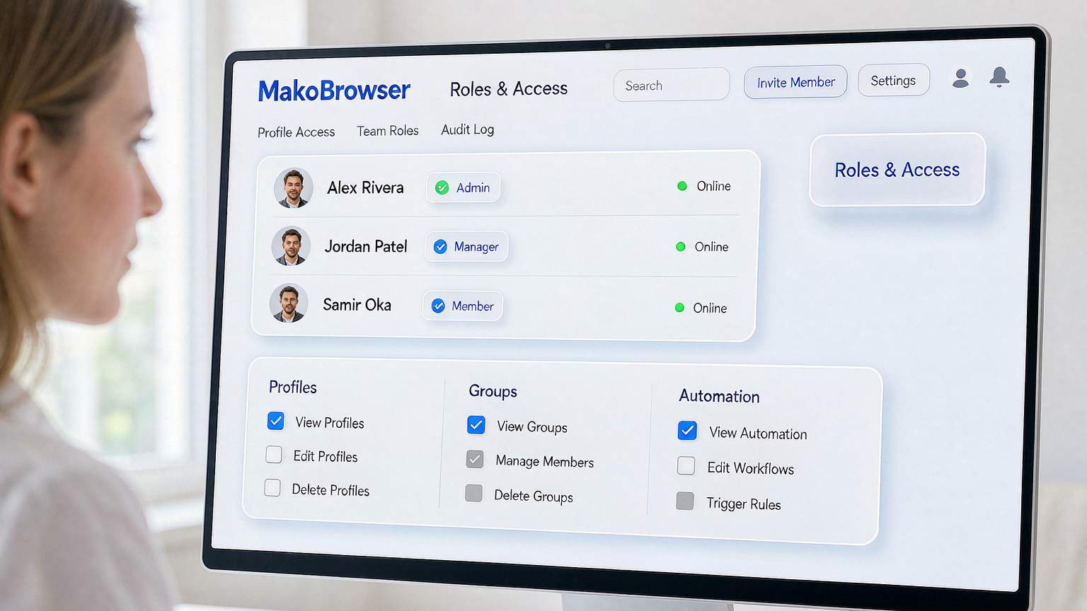 Close-up of a team permission management interface: a member list marked by Admin, Manager and Member roles with online status, and clearly tiered permission checkboxes for Profiles, Groups and Automation below