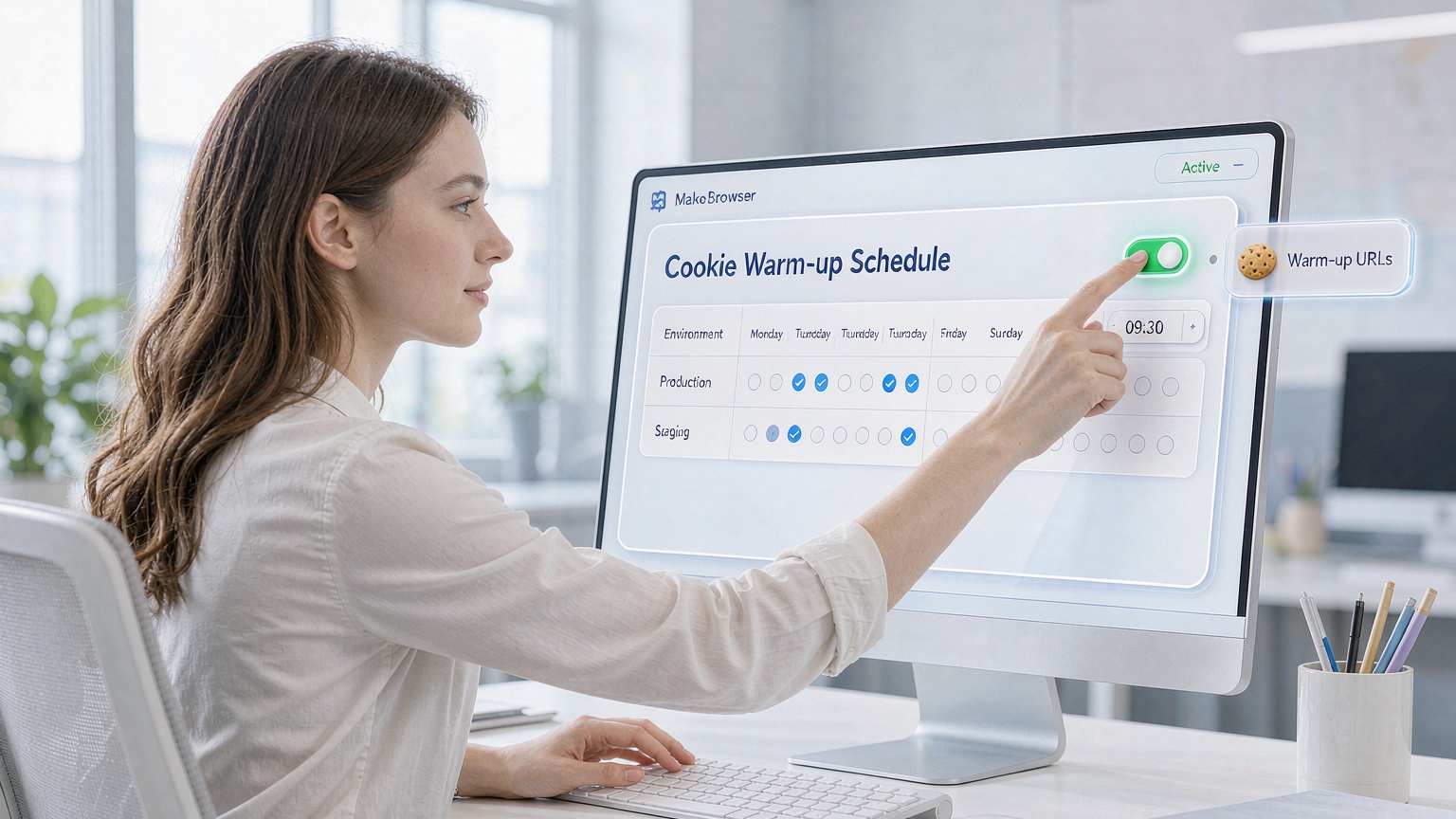 An operations specialist configuring a Cookie warmup schedule: Production and Staging environments each checked for Monday-through-Sunday execution times set to 09:30, with the Active toggle switched on in the top-right corner