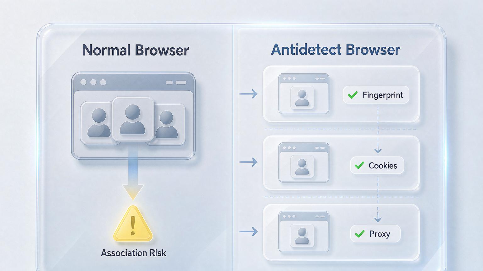 Comparison of a normal browser and an antidetect browser: multiple accounts on a normal browser share one fingerprint and risk being linked, while an antidetect browser isolates each environment with its own fingerprint, cookies and proxy