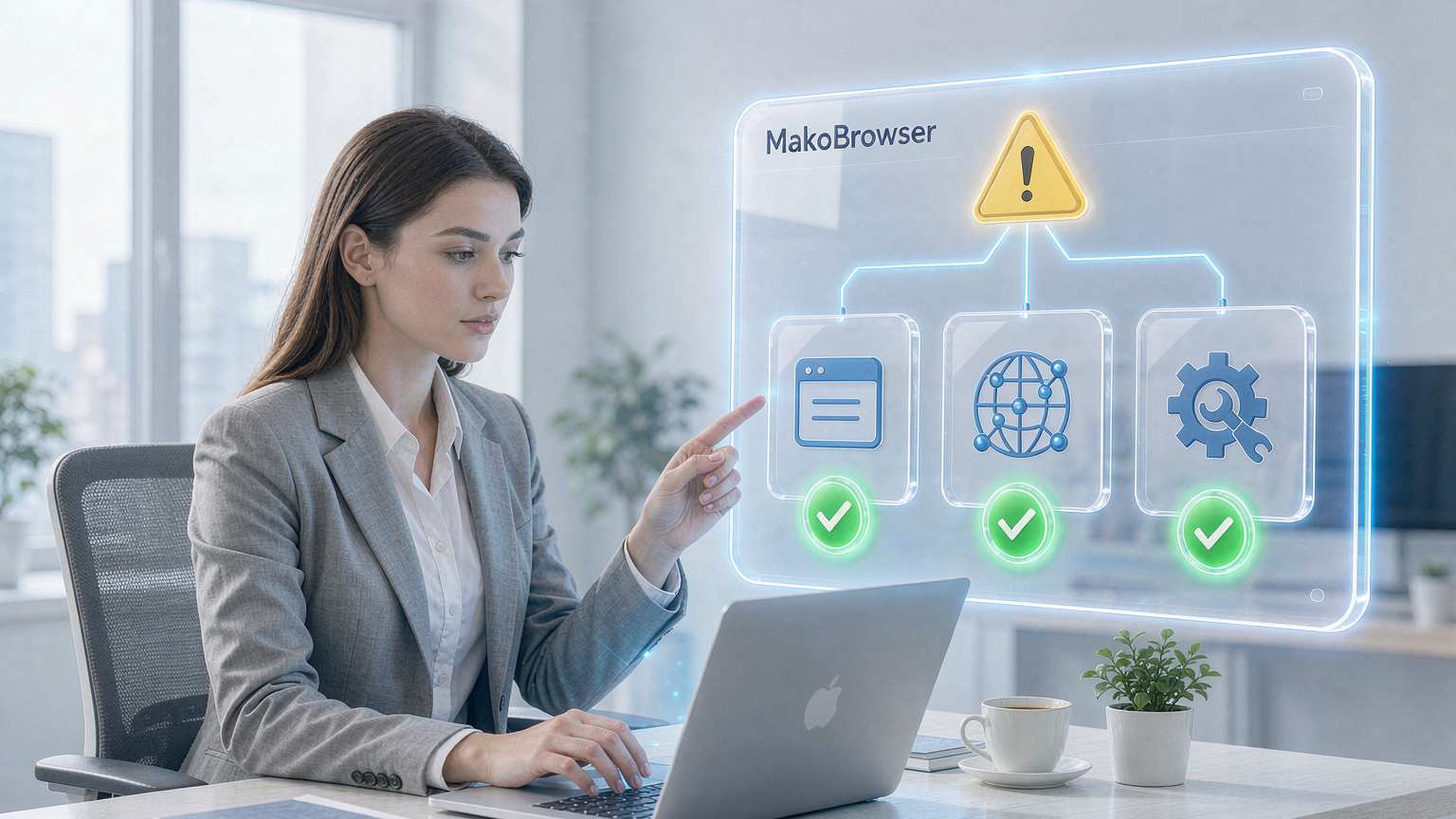 Troubleshooting with three branches: a yellow warning passes through the environment, network, and data checkpoints, verified after each fix