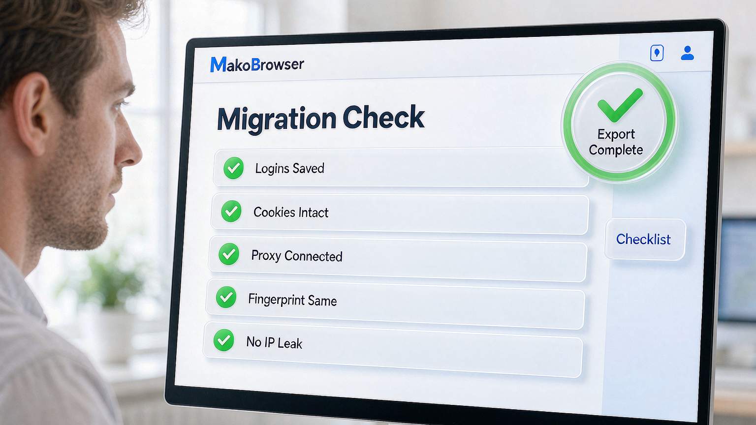 Migration verification screen: Logins Saved, Cookies Intact, Proxy Connected, Fingerprint Same, No IP Leak all passing, with export completion shown in the top-right corner