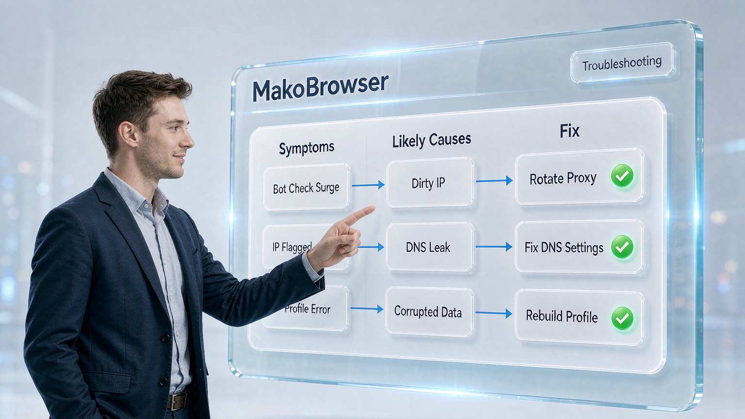 Fingerprint browser troubleshooting workflow: Symptoms mapped to Likely Causes and on to Fix actions, with all three rows passing verification