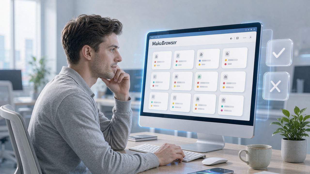 An office scene of choosing an antidetect browser: an operator compares multiple isolated profile options in MakoBrowser to find the right tool for the team