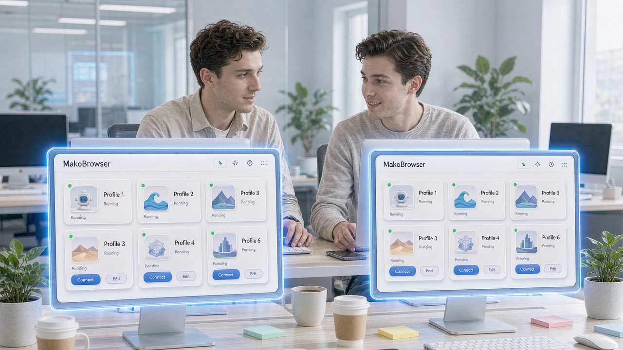 Instagram matrix team at work: the operations team manages their own account environments in MakoBrowser, collaborating without overstepping boundaries