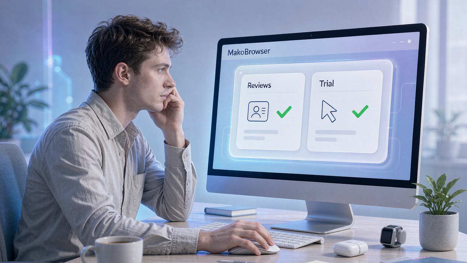 Office scene of shopping for a fingerprint browser: validate the workflow with reviews and trials first, then decide whether to upgrade to a paid plan