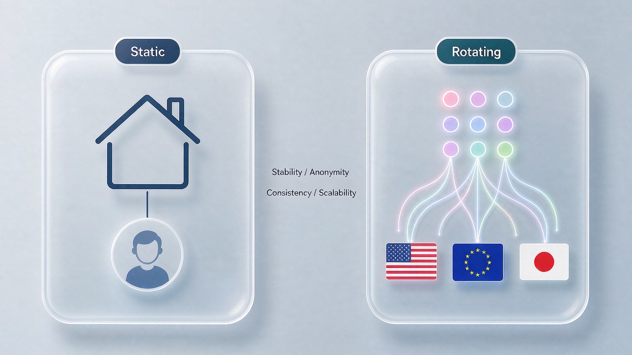 Static versus rotating proxy comparison: a static proxy keeps one fixed identity (house icon linked to a single account), a rotating proxy switches across an IP pool and regions (US, EU, Japan flags), labeled with stability, anonymity, consistency and scalability