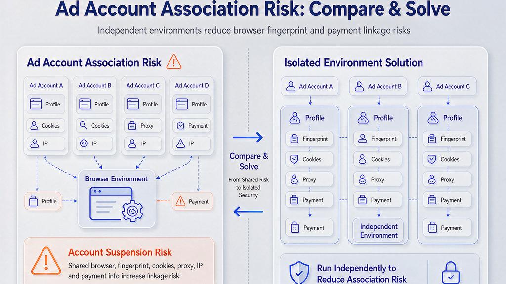 Left: multiple ad accounts sharing one browser, one IP and one payment profile create a link risk. Right: each ad account has its own Profile, fingerprint, cookies, proxy, IP and payment data, fully separated.