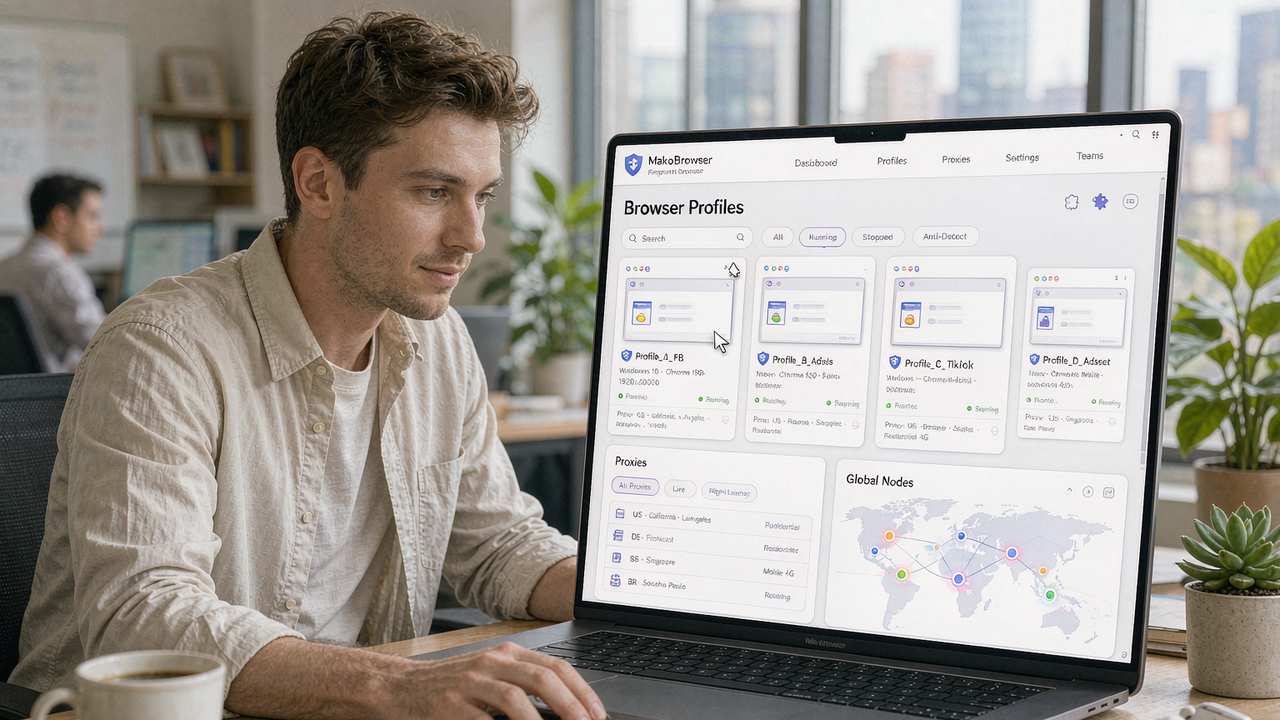一位社媒运营者坐在办公桌前用 MakoBrowser 指纹浏览器同时管理 4 个独立的浏览器 Profile（Facebook、Adelia、TikTok、Adocent），每个 Profile 都连接不同地区的独立代理 IP，实现多账号防关联管理