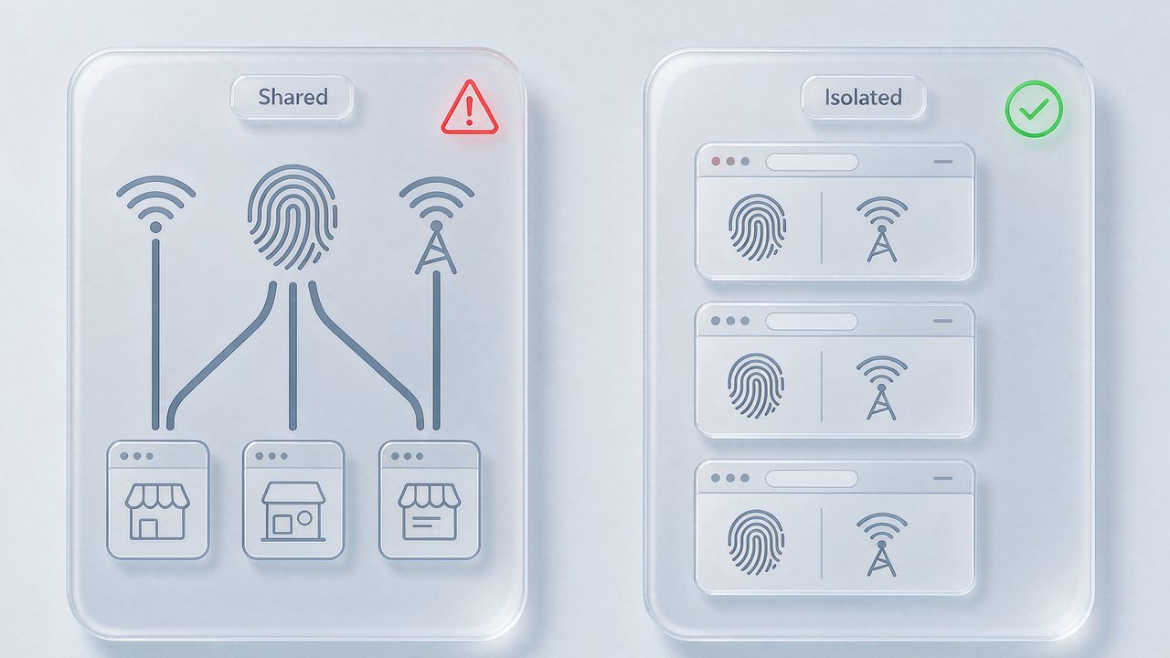 Shared versus isolated multi-store setup: stores sharing one fingerprint and one IP risk account linking, while each isolated store runs in its own browser environment with independent fingerprint and proxy