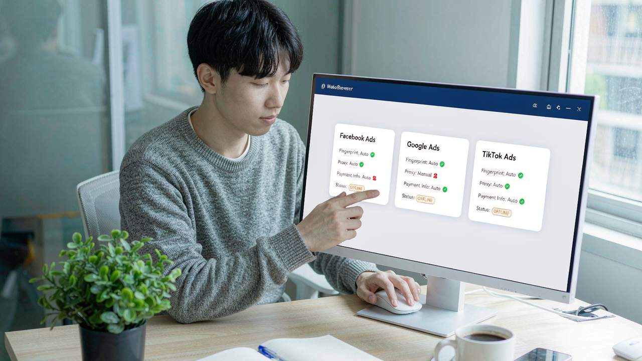 A senior digital marketing manager in a natural office, with MakoBrowser independently managing Facebook, Google and TikTok ad-account Profiles on screen.