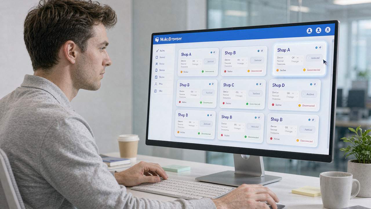 An operator managing multiple independent store Profiles in MakoBrowser, with each store's status, IP, fingerprint, and cookies clearly isolated from one another