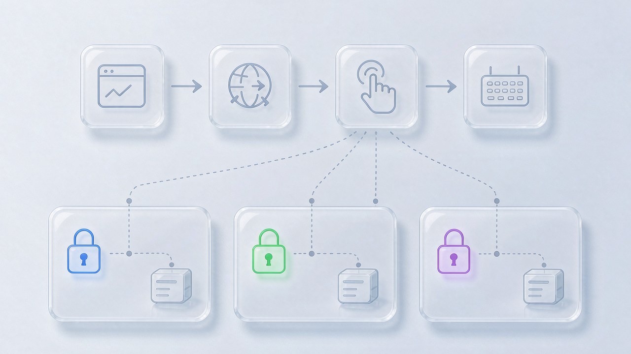 Browser automation flow architecture: a four-step chain of open, navigate, click and type, distributed to multiple isolated environments with independent locks and network routes for execution