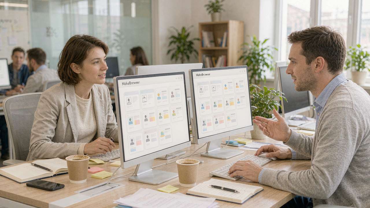 Two team members at adjacent desks managing their own environment matrices in MakoBrowser, same interface, no data interference