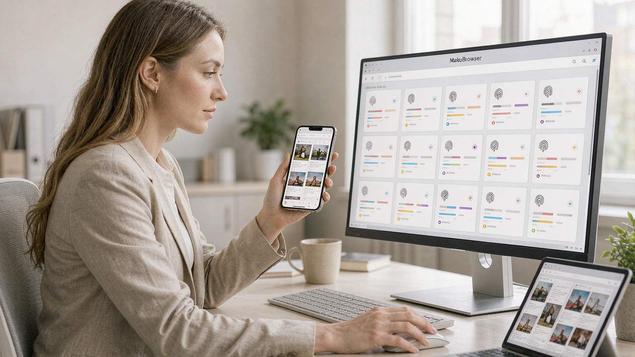 A social media operator checking the Instagram feed on a phone in one hand while managing the MakoBrowser environment matrix on a desktop monitor with the other