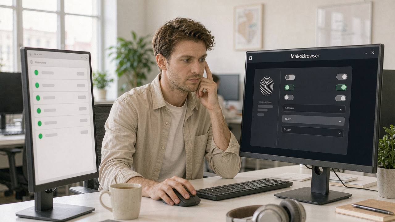 A male operator cross-checks a proxy list against the MakoBrowser fingerprint configuration panel on dual monitors, green-lit proxy entries matching fingerprint toggles one by one