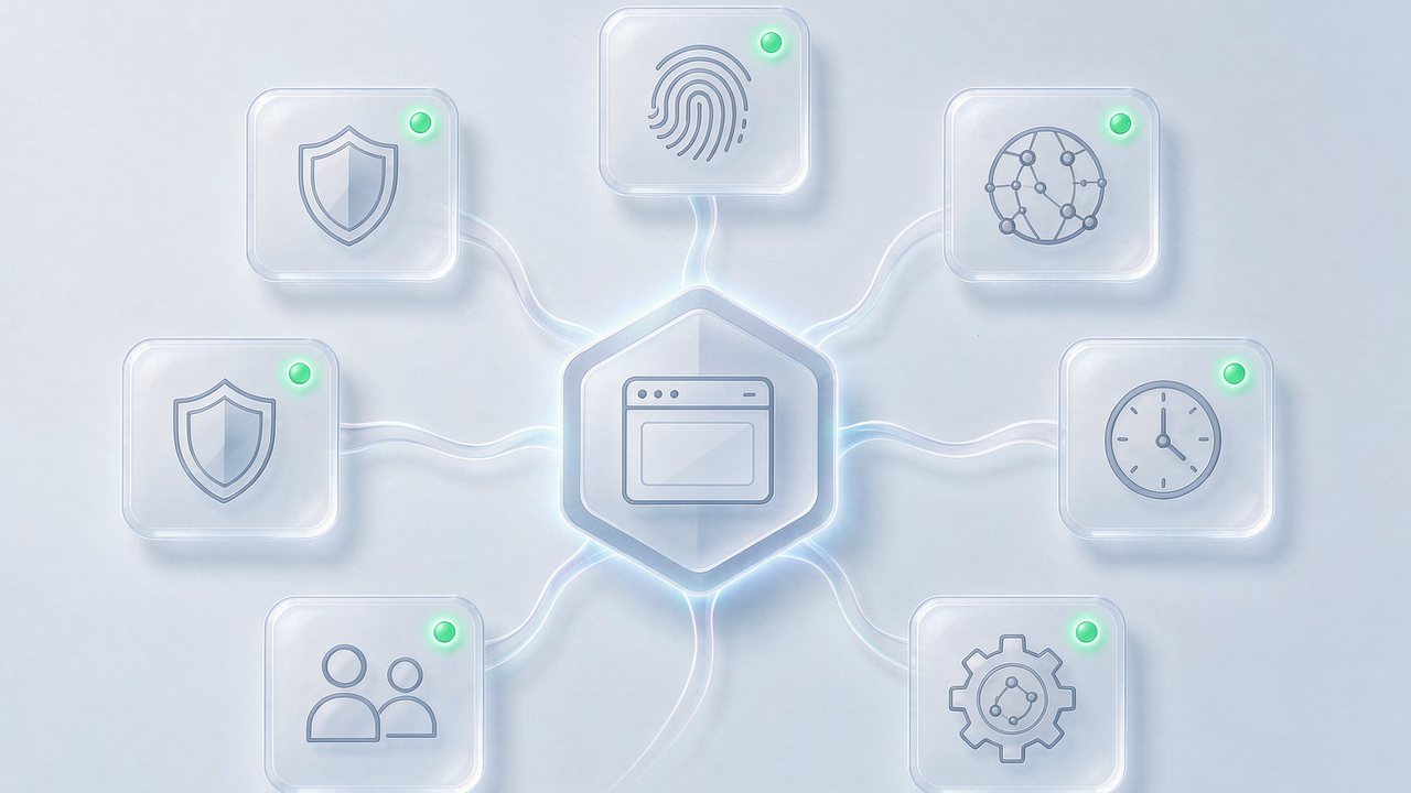 MakoBrowser feature overview: six capabilities — fingerprint, network, timezone, automation, team, and security — arranged around the browser core