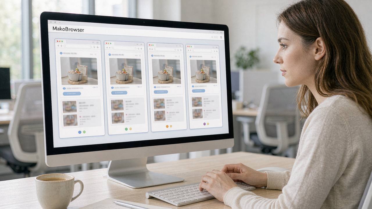A female operator managing four independent browser environments at once in MakoBrowser, each window performing the same actions on the same shopping page with its own progress shown