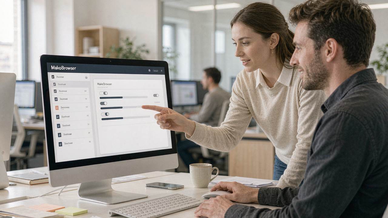 Two colleagues reviewing the environment list and configuration panel in the MakoBrowser team interface, discussing multi-account permission assignment