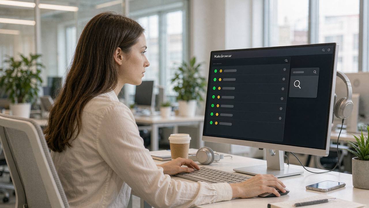 A female operator checking proxy connection status line by line in MakoBrowser, green lights for available, yellow for recheck, with a floating check panel on the right