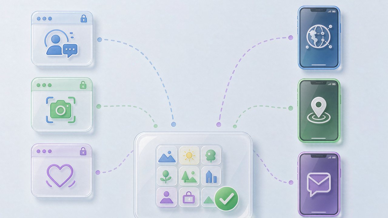 Two routes — isolated browser environments and cloud phones — converging into safe Instagram multi-account management, with locked browser cards and locked phones connecting to a central account grid