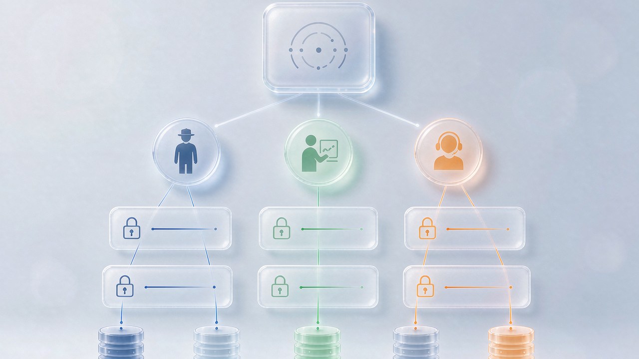 Enterprise multi-account management architecture: a central workbench connects admin, operations, and support roles, each linked to locked independent environment cards with dedicated proxy lines