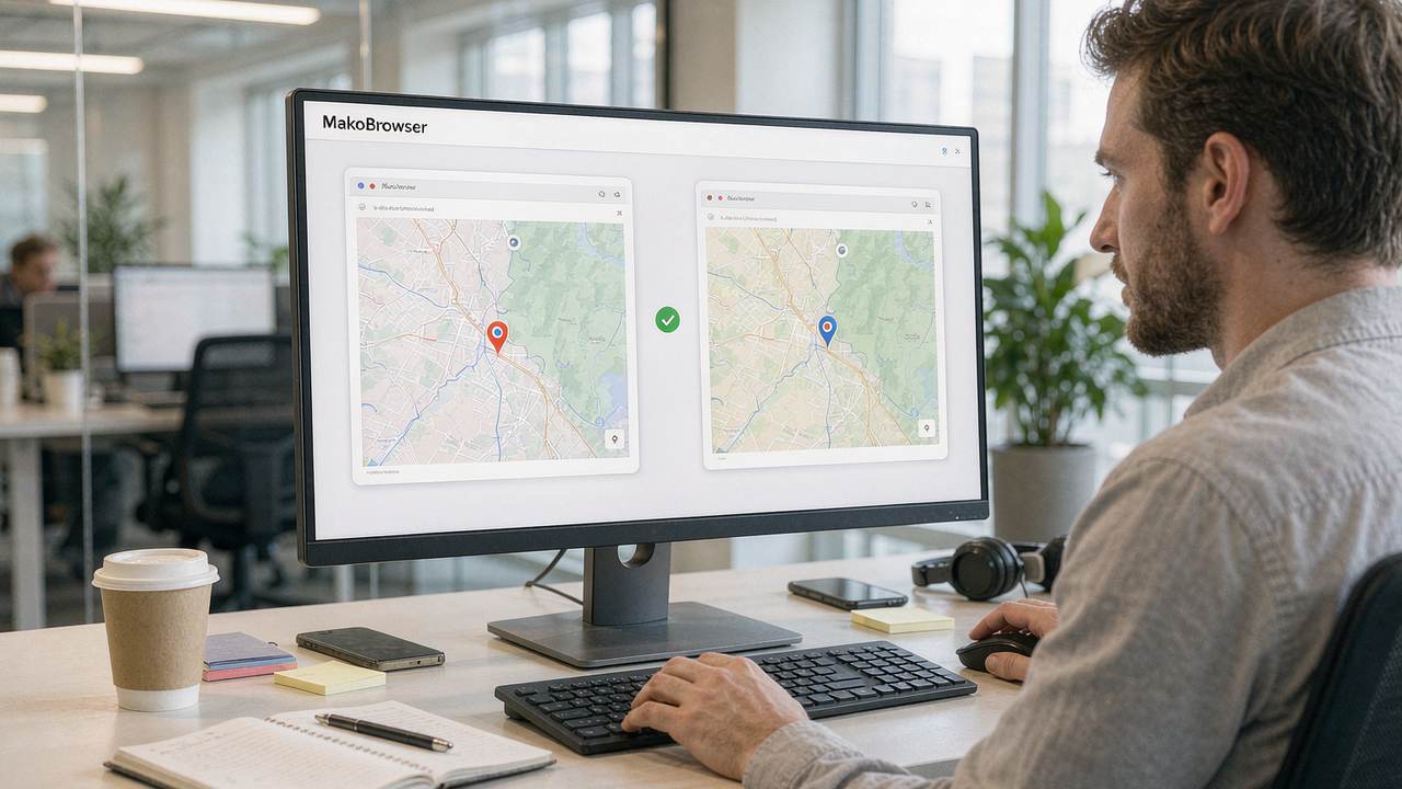 A male operator running two environment windows side by side in MakoBrowser, each showing a geolocation check page with a location pin in a different region, with a green checkmark in the middle indicating the isolation verification passed