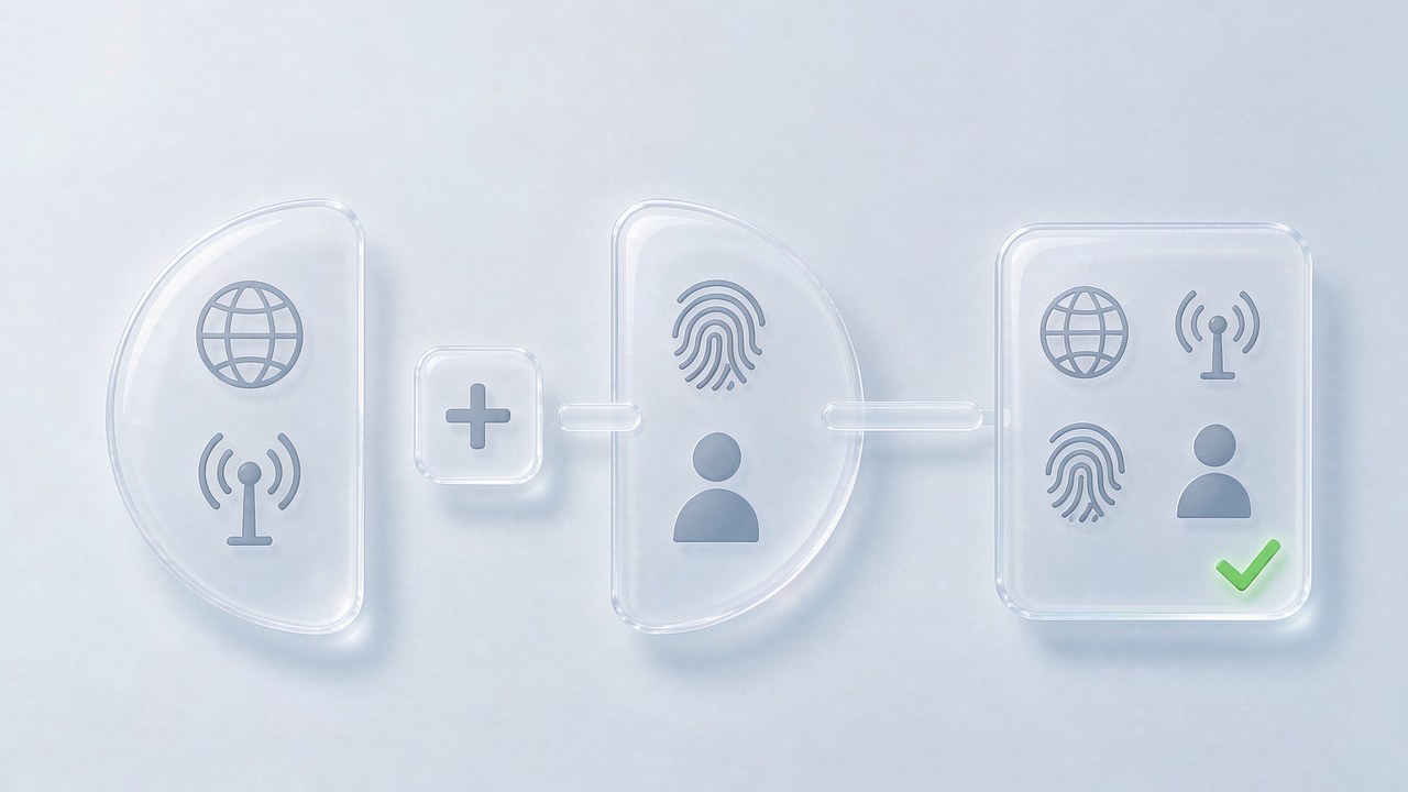 Concept diagram of proxy browser and fingerprint browser: the network-identity half and the device-identity half merge through a plus sign into a complete identity with a green checkmark