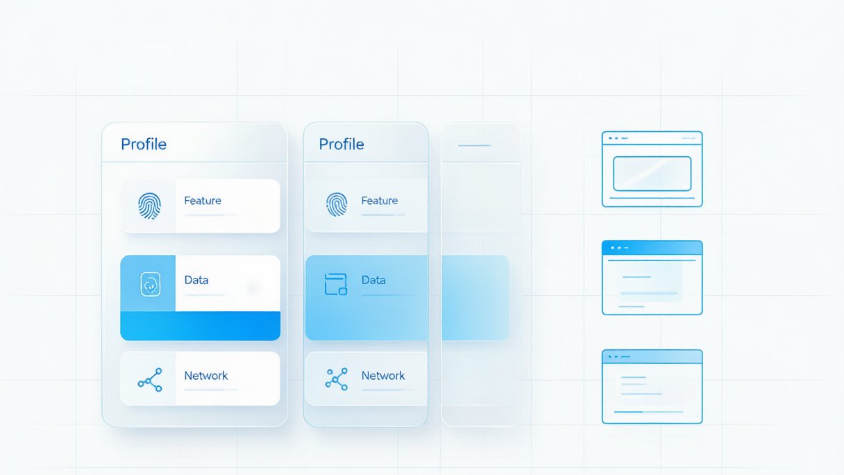 Diagram of multi-account isolation through independent profiles with fingerprint, data and network layers