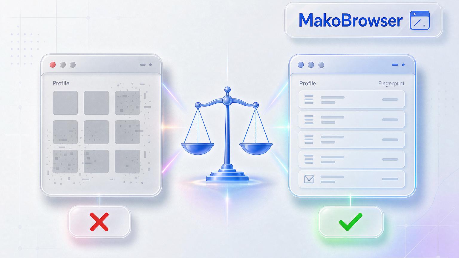 MakoBrowser comparison: a blank, randomized fingerprint gets flagged while a consistent, realistic one passes