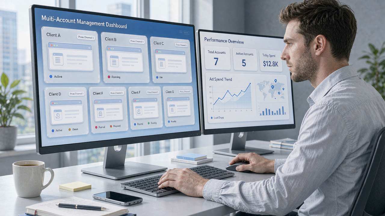 A media buyer managing client accounts with multi-account anti-linking environments