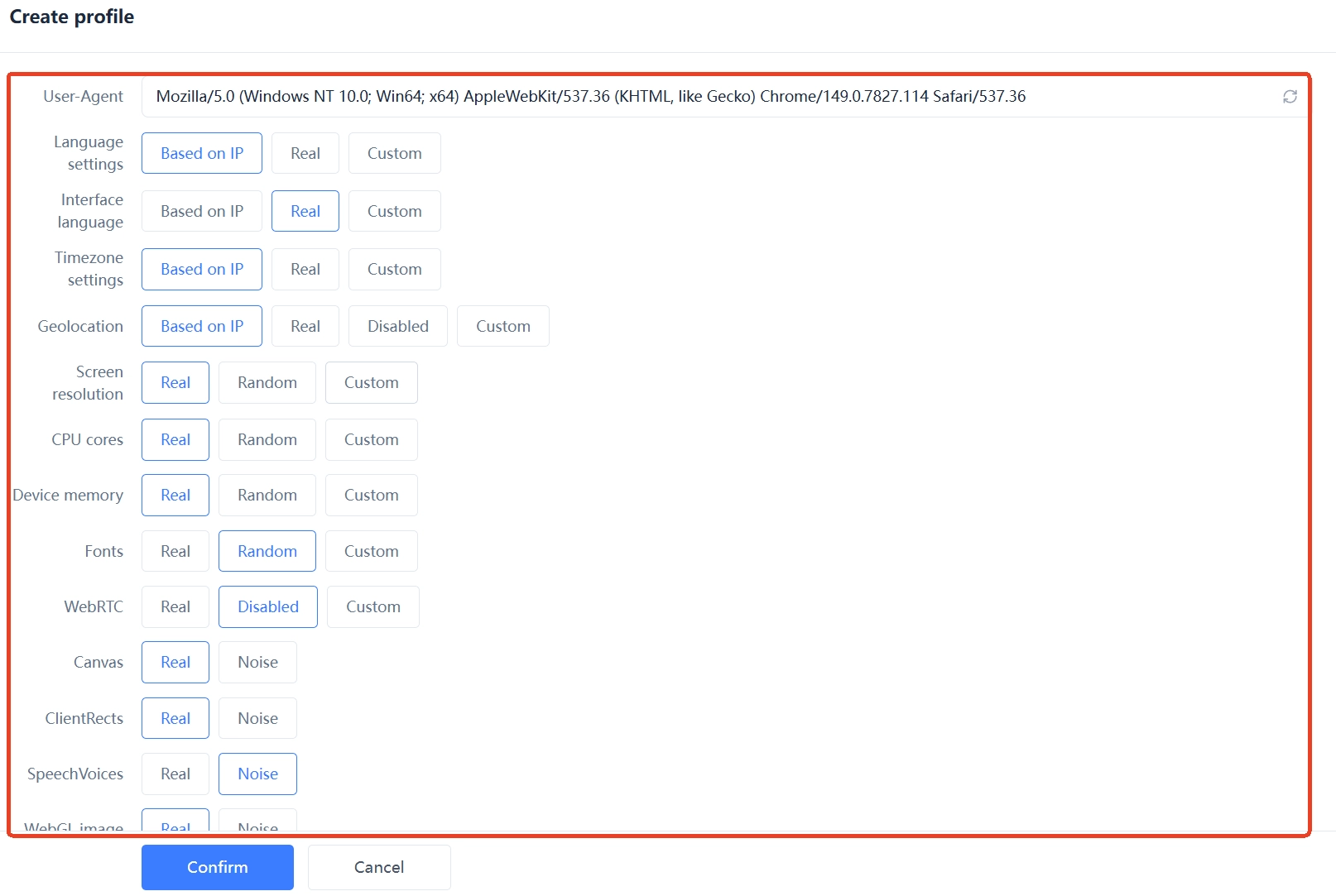MakoBrowser fingerprint parameters