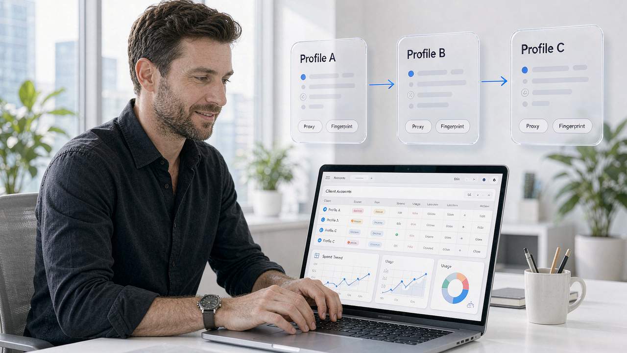 Agency operator managing multiple client accounts with isolated profiles and proxy channels