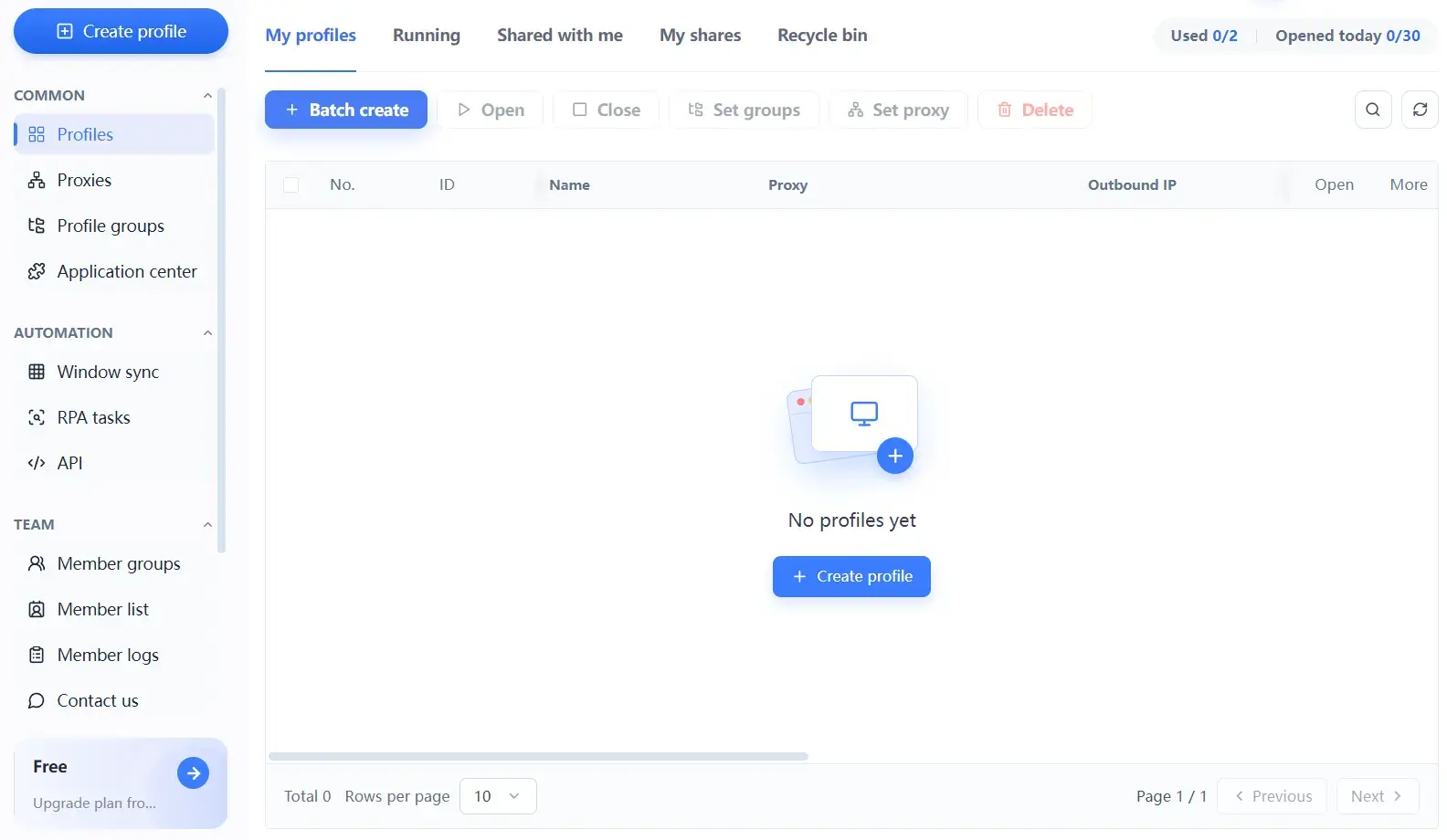 MakoBrowser workspace profile list with bulk action entry points