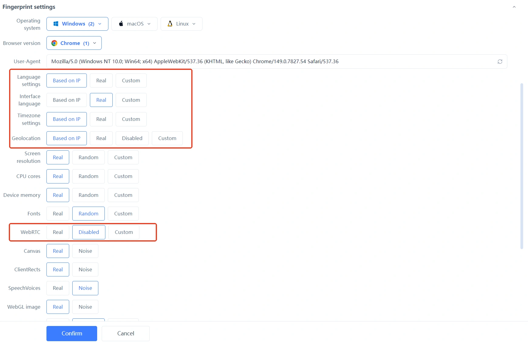 MasBrowser anti-detect browser fingerprint parameters aligned with IP