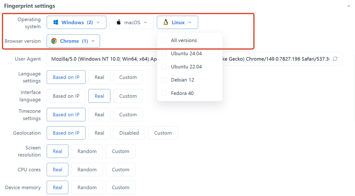 MasBrowser operating system and browser version settings