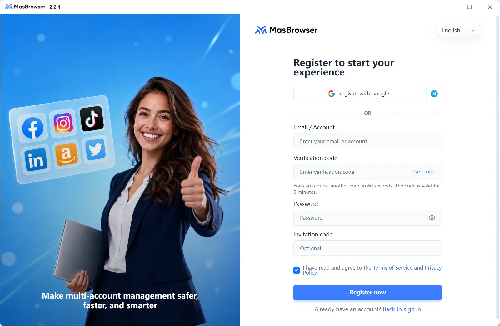 MasBrowser sign-up screen