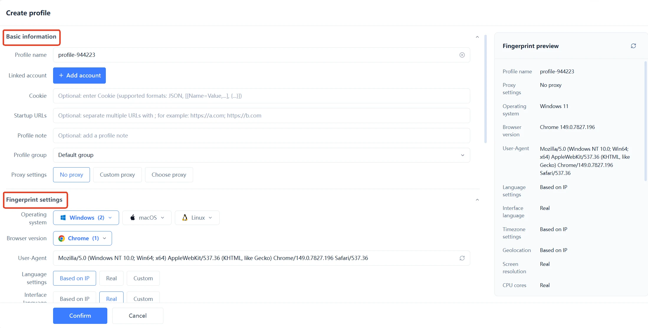 MasBrowser profile creation details