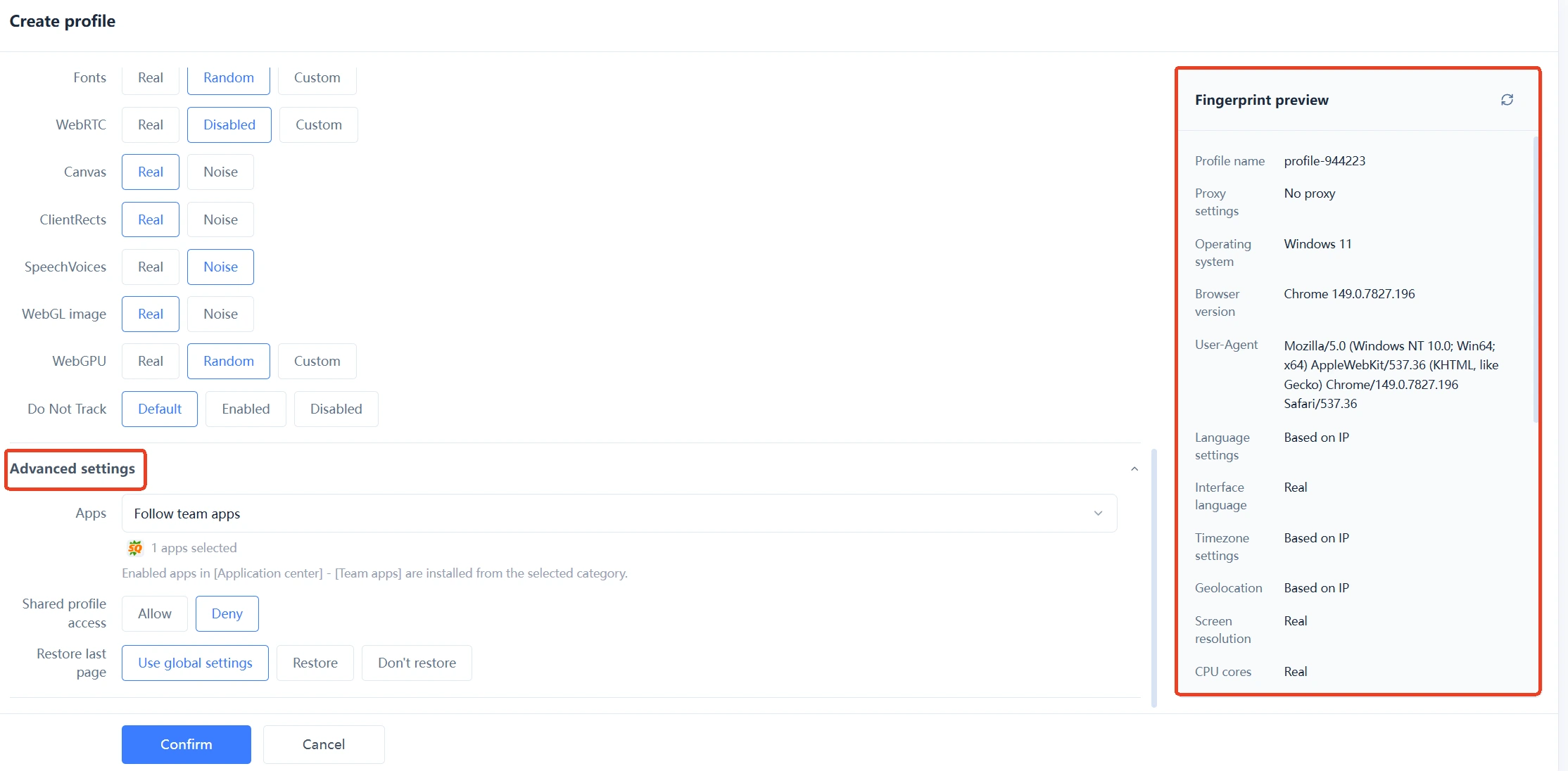 MasBrowser profile creation details